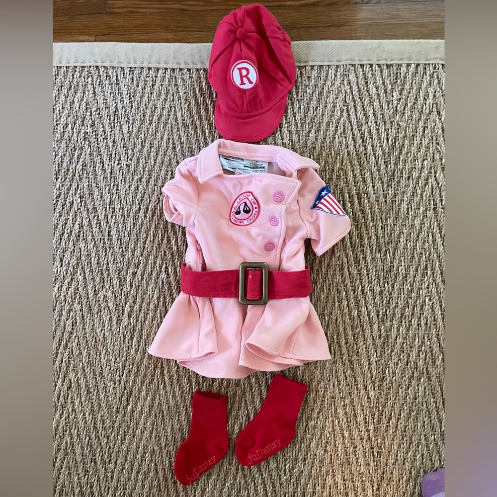Infant Dottie League of Their Own Costume with hat, belt, and socks.